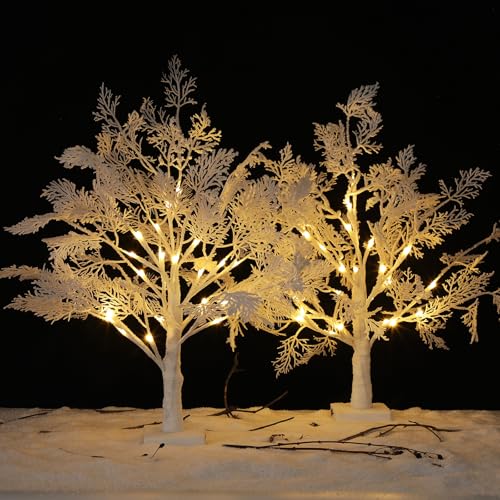2 Pack 24 Inch Lighted Birch Trees - Christmas Flocked Tabletop Decor