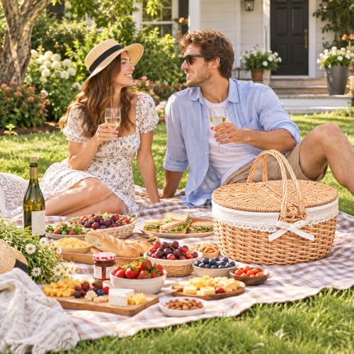 Hap Tim Wicker Picnic Basket for 2 - White Cloth, Classic Design, 16 Inch