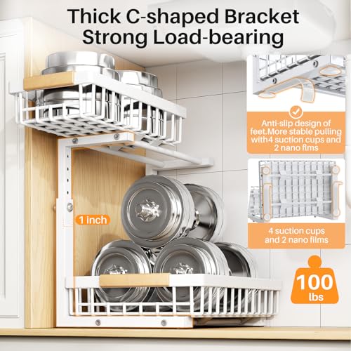 PXRACK Large White 2-Pack Under Sink Organizer - Adjustable 2-Tier Pull-Out Cabinet Storage for Kitchen & Bathroom