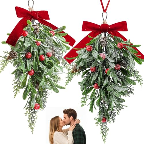 Suncalla 2-Pack 16-Inch Christmas Teardrop Mistletoe Decorations with Berries & Red Bows
