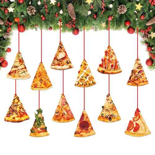 D4DREAM Pizza Christmas Ornament - 12Pcs Wooden Pizza Slice Food Ornaments for Christmas Tree Decorations Funny Food Xmas Gifts for Kids Women