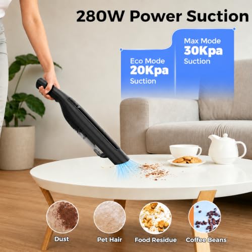 NovoVekos Black Cordless Stick Vacuum Cleaner 30KPa Power, Rechargeable & Compact