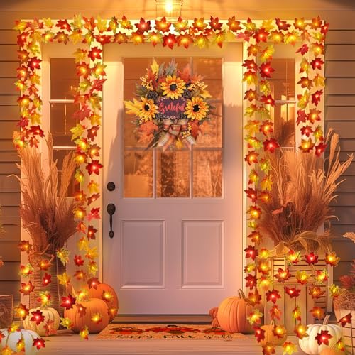 2 Pack Fall Decorations for Home Maple Leaf Lights Multicolored, Total 20Ft 40LED Battery Operated Fall Leaves Garland with Lights String Autumn Harvest Table Indoor Halloween Thanksgiving Decorations