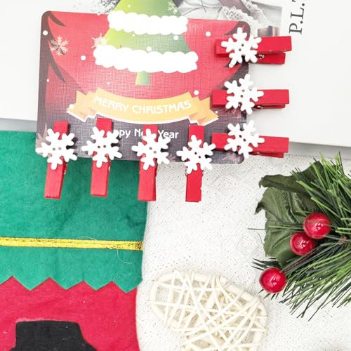 50pcs Mini Clothes Pins for Photo Christmas Tree Decoration White Wooden Heart Star Small Clothespins Picture Hanger Display Clips with String (Red Snow, 50 Pcs)