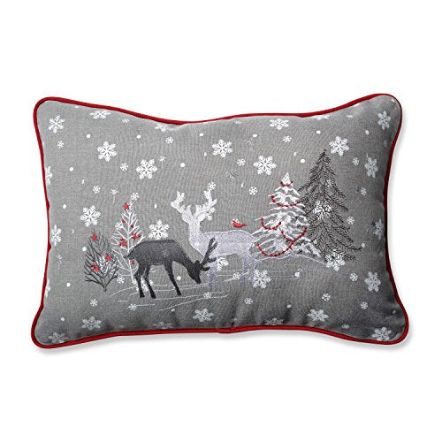 Christmas Decorative Rectangular Throw Pillow - Snowflakes & Reindeer, Grey & White