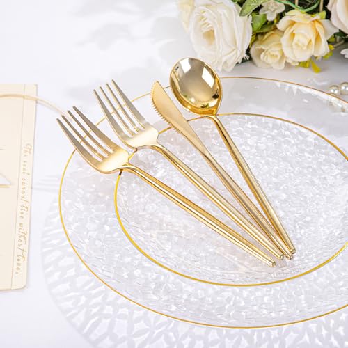 Plastic Dinnerware Set 150Pcs Clear Gold Rim Heavy Duty with Gold Rim - Variation of 150 / Clear Gold