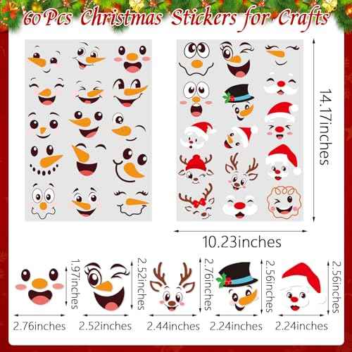 CCINEE 60pcs Christmas Stickers for Crafts, Santa Claus Snowman Reindeer Face Stickers Self Adhesive Glass Window Vinyl Decals for Holiday Wall Door Water Bottles Ornament