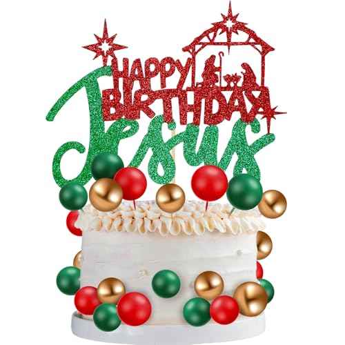 31 Pcs Happy Birthday Jesus Cake Topper Merry Christmas Balloon Topper Red Green Glitter Nativity Jesus Birthday Cake Pick for Nativity Scene Holiday Xmas Party