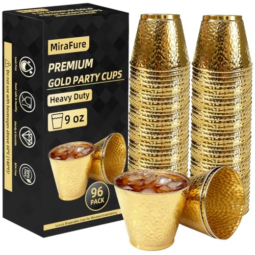 MiraFure Gold Hammered Plastic Party Cups 9oz - BPA-Free, Leakproof, Disposable, Elegant Drinkware for Weddings & Events