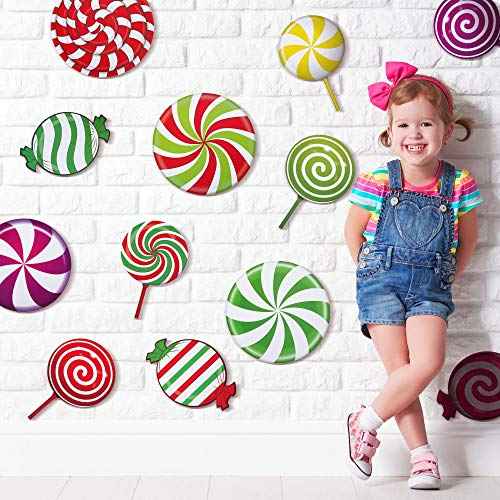 Outus 30 Pieces Christmas Candy Cutouts Peppermint Stickers Colorful Candies Round Lollipop Cutouts Candy Land Theme Xmas Party Decor for Bulletin Board Decorations