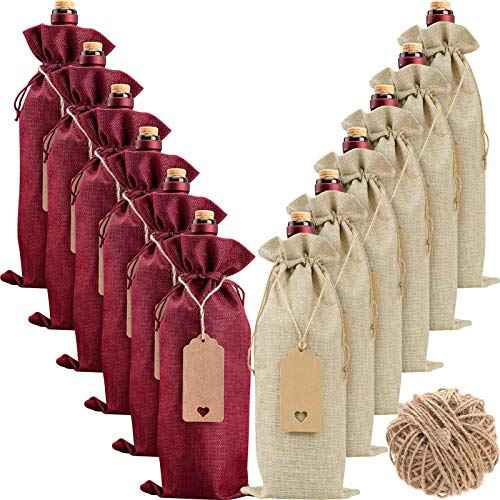 Burlap Wine Bags, 12 Pcs Christmas Gift Bags Wine Bottle Covers with Drawstrings, Tags & Ropes, Reusable & Ideal for Christmas Holiday Wedding Birthday Travel Party Housewarming Storage