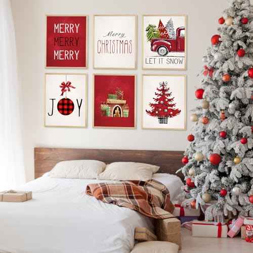 Justforjoyful 12Pcs Christmas Wall Art Prints Classic Merry Christmas Posters for Wall Decoration Xmas Holiday Wall Art Posters Red Winter Room Decor for Living Room Bedroom Office 8X10inch Unframed
