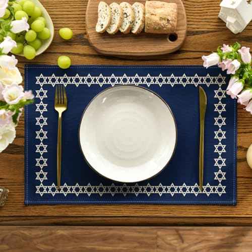 Artoid Mode Passover Hexagram Placemats Set of 4, 12x18 Inch Seasonal Star of David Jewish Chanukah Table Mats for Party Kitchen Dining Decoration