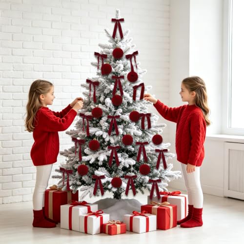Hanmere 24 PCS Burgundy Velvet Christmas Ornaments with Bows - 12 Balls + 12 Bows (Variation: Burgundy1)
