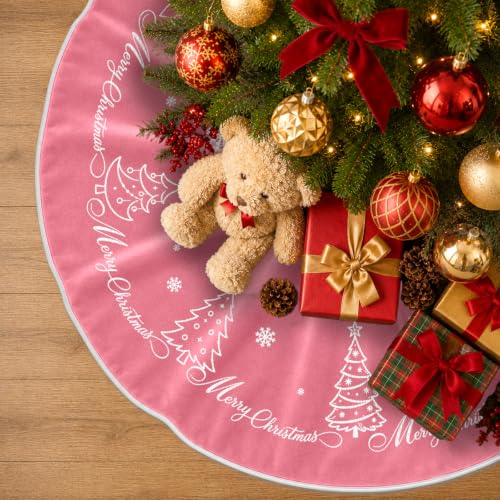 TenGlow Pink Velvet Christmas Tree Skirt 36 Inch Snowflake Embroidery - Holiday Decor