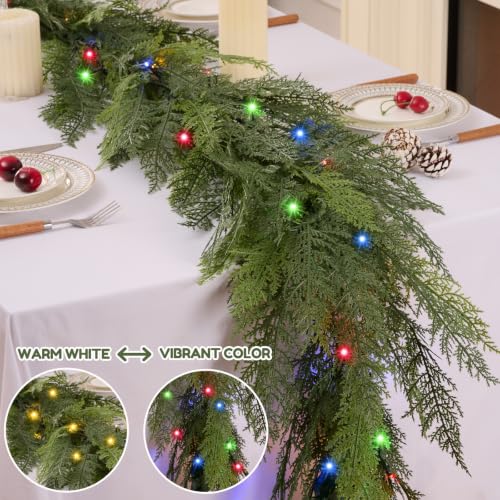 16FT Prelit Realistic Faux Cedar Garland with 8 Lighting Modes for Christmas Decor - KIWDY