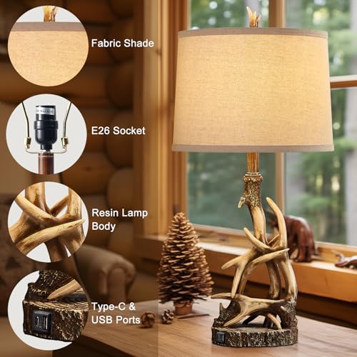 Rustic Deer Antler Table Lamp with USB Ports - 27.25'' Tall Western Country Nightstand Light