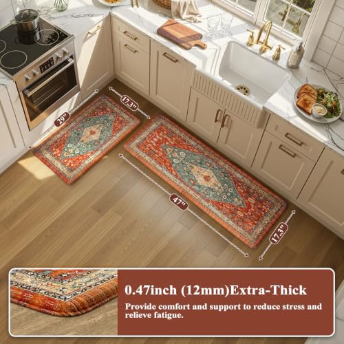 Collive Boho Kitchen Rug Set of 2 Fall Waterproof Floor Mats - Terracotta Rust & Teal, 17.3x47 & 17.3x29 inches