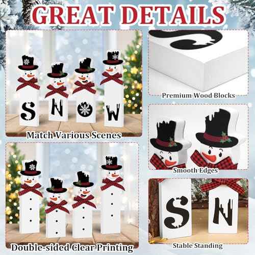 Christmas Snowman Decorations Indoor, Wooden Snowman Block Merry Christmas Sign, Let It Snow Winter Xmas Decor, Cute Xmas Tiered Tray Decorations Table Centerpiece for Mantel Home Holiday Decor