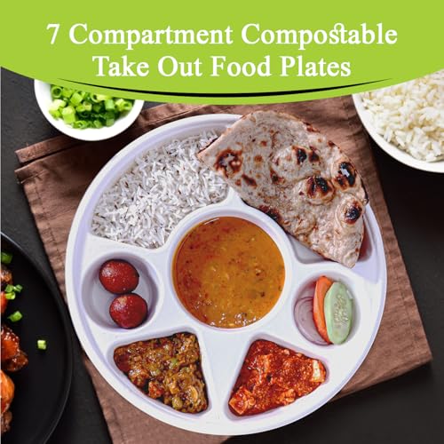 7 Compartment Bagasse Disposable Plates - Eco Friendly, 200 Count - Round