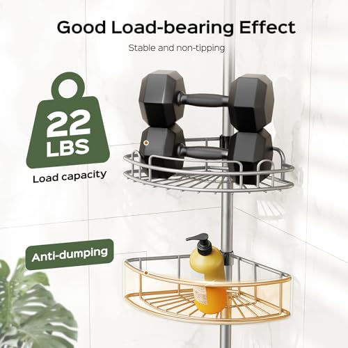 HAMITOR Silver Gray Corner Shower Caddy Tension Pole 4-Tier Rustproof Organizer