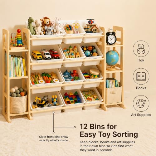 White Toy Storage Organizer & Bookshelf with 12 Bins - Kids Playroom Storage