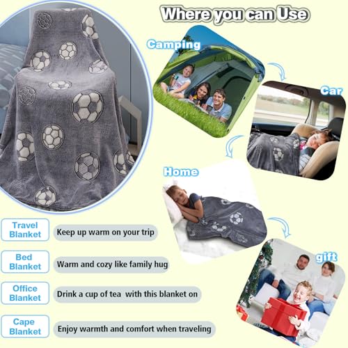 Glow in The Dark Blanket Soccer, Toddler Blankets is Kids Boys Girls Fun Soft Flannel Sleep Blanket, Soccer Gifts for Boys Girls Soccers Lovers and Christmas 50"x60"