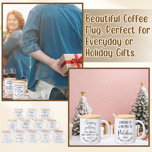 Sunnychicc Spanish Christian Coffee Mugs Bulk 12oz Bible Cups with Wooden Lids & Spoons