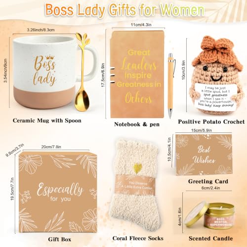 Boss Lady Mug Gift Set - 12oz Ceramic Coffee Cup with Sock, Journal & Card