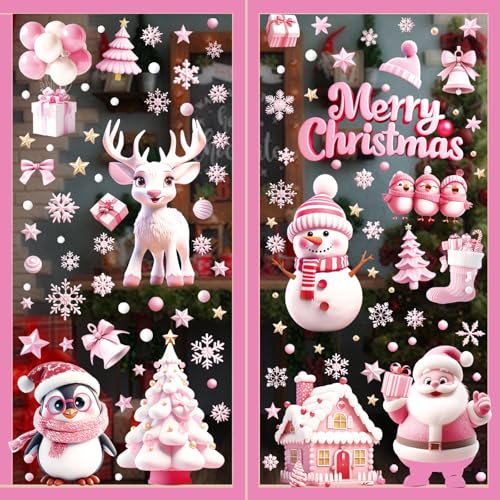 9 Sheets Christmas Window Clings, 3D Pink Santa Claus Snowman Penguin Deer Snowflake Christmas Tree Glass Door and Window Double-Sided Winter Holiday Decoration Sticker