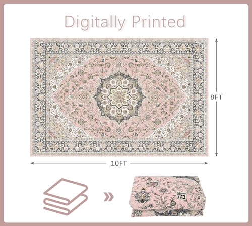 Pink Persian Style Washable Rug 8x10 - Vintage Floral Living Room Carpet, Non-Slip & Soft