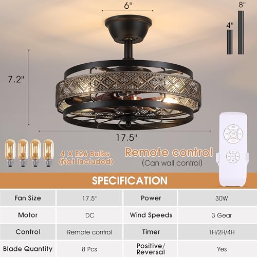 SHIHOT 18-Inch Retro Black Industrial Cage Ceiling Fan with Lights & Remote - Reversible, Quiet Operation