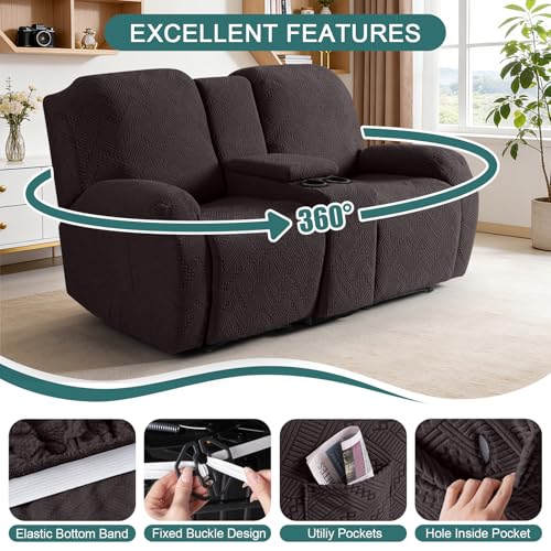 Ruaozz Chocolate Recliner Loveseat Cover with Console, 2-Seater Stretch Slipcover