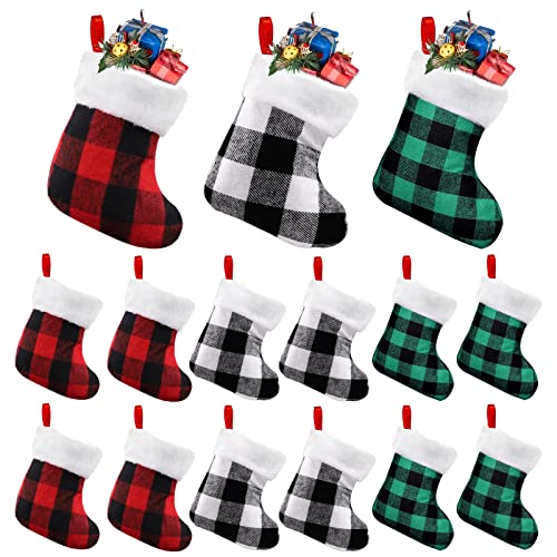 XIMISHOP 12PACK Christmas Mini Stockings, 7¡± Double Side Xmas Red Green White Buffalo Plaid Fireplace Hanging Snowflake Stocking with Plush Cuff for Christmas Tree Decor