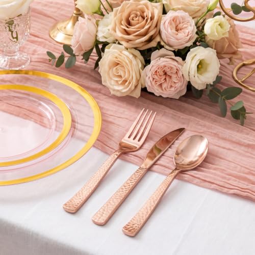 360PCS Rose Gold Plastic Silverware Set - Heavy Duty Disposable Cutlery (120 forks, 120 knives, 120 spoons) - Spherical Hammered Handle - Sku: 360PCS / Plastic Rose Gold Silverware