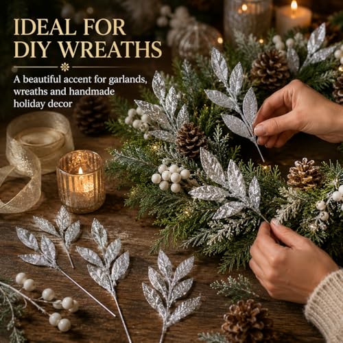 Rainflow Silver Glitter Artificial Leaf Picks 30PCS for Holiday Decor