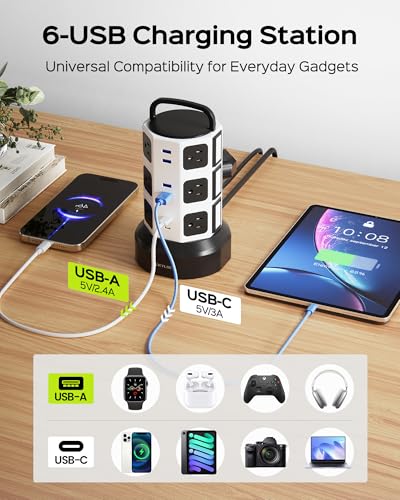 JACKYLED Power Strip Tower Surge Protector with 12 Outlets 6 USB C Ports - White, 10ft Cord