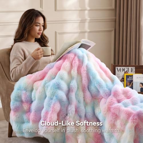 Smoofy Rainbow Faux Rabbit Fur Throw Blanket 50x60 in Bubble Texture for Couch