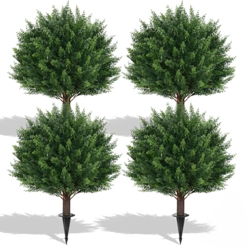 Artificial Cypress Topiary Plants 22 Inches - Cedar 4 Pack with Spike - Outdoor & Indoor Decor