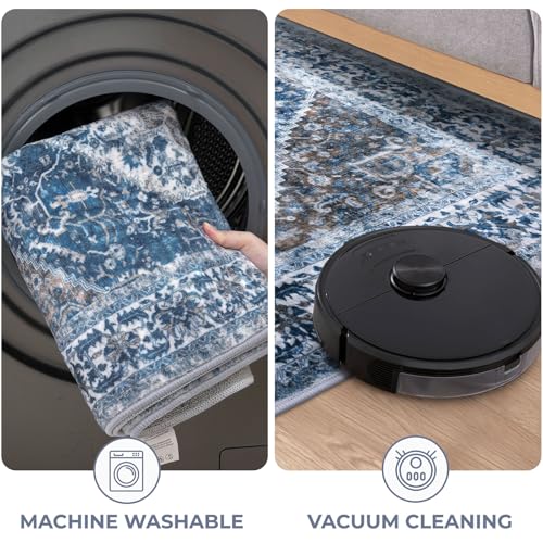 KOZYFLY Runners for Hallways 2.6x20 Ft Extra Long Washable Kitchen Thin Runner Rug Boho Runner Rug for Entryway Indoor Blue Printed Oriental Faux Wool Stair Floor Carpet Runner for Stair Kitchen Hall