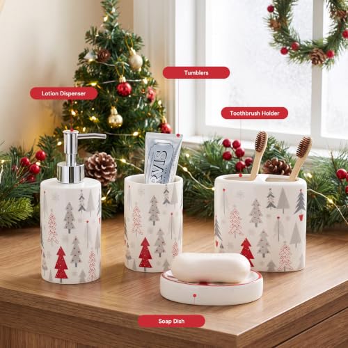LiveHouse Christmas 4-Piece Ceramic Bathroom Accessory Set - Red Grey Christmas Tree Pattern (Lotion Dispenser, Toothbrush Holder, Tumbler, Soap Dish) - White White