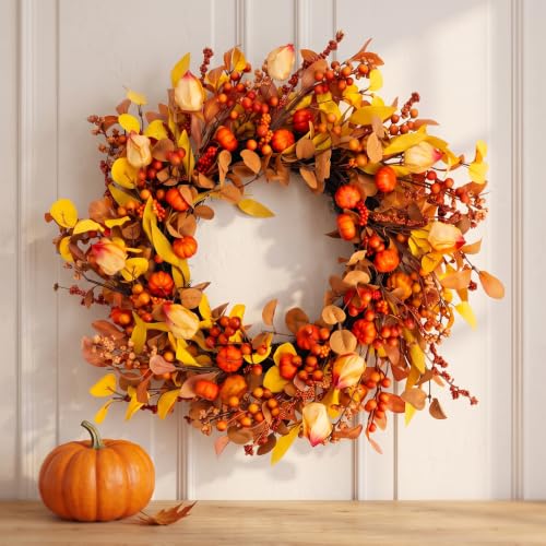 24-Inch Pumpkin Fall Wreath for Front Door - Autumn Harvest Decor - Pumpkin Variation