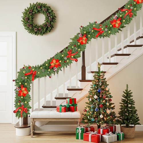 Sukaudiz 9FT Christmas Garland with Lights – Battery-Operated, Timer, Indoor/Outdoor
