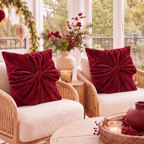 Leinuosen Red Christmas Velvet Pillow Cover with Bow - 18x18 Inches