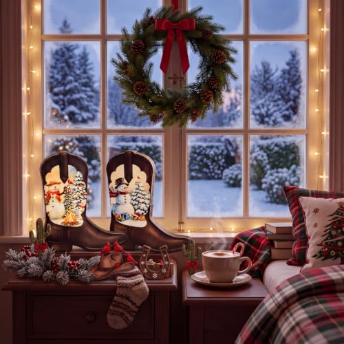 Fumete Cowboy Christmas Decor Lighted Boots - 2 Pack Western Holiday Lanterns