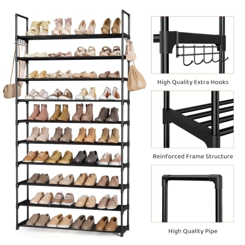 WEXCISE 10-Tier Metal Shoe Rack Organizer for Entryway, Closet, Garage - Large Capacity, Tall Free Standing Shoe Shelf in Black