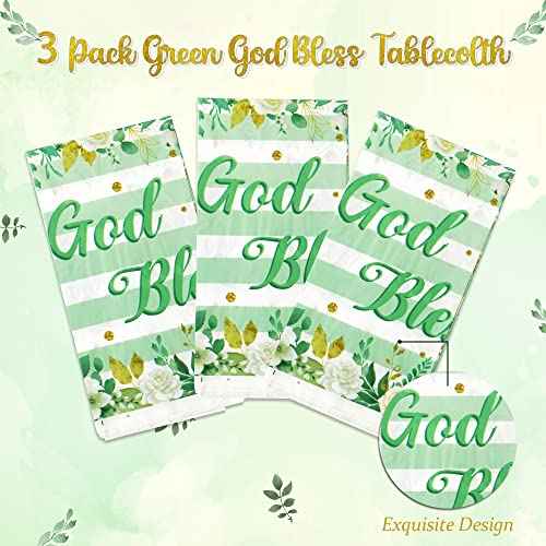 God Bless Baptism Tablecloth - 3-Pack Green Baptism Table Cover Christmas Winter Xmas New Year Party God Bless Cross Religious Waterproof Rectangle First Communion Baby Shower(54x108 Inch)