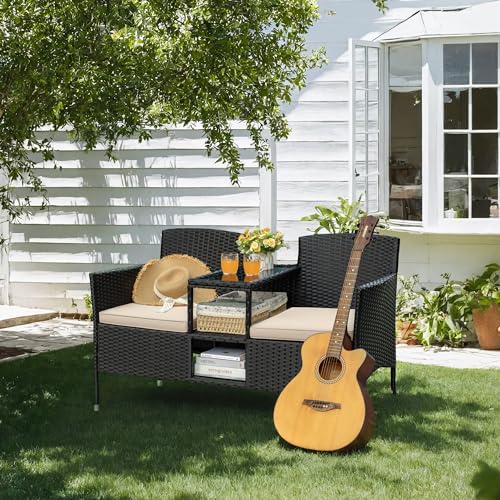 Greesum Beige Outdoor Wicker Loveseat with Built-In Coffee Table & Storage - Patio Furniture