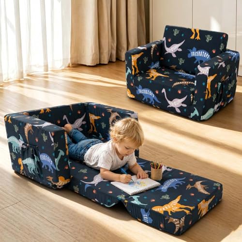 Kids Couch Dinosaur 2-in-1 Foldable Toddler Sofa & Bed for Play & Rest