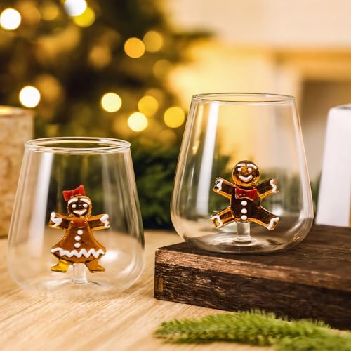 Reallnaive Christmas Gingerbread Man Stemless Wine Glass Set - 12oz, 2 Pack
